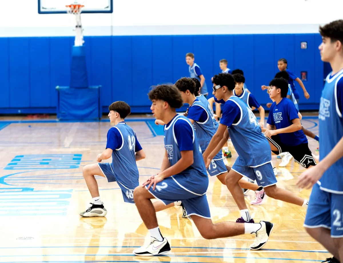 Basketball training lunges on blue DME court with full team